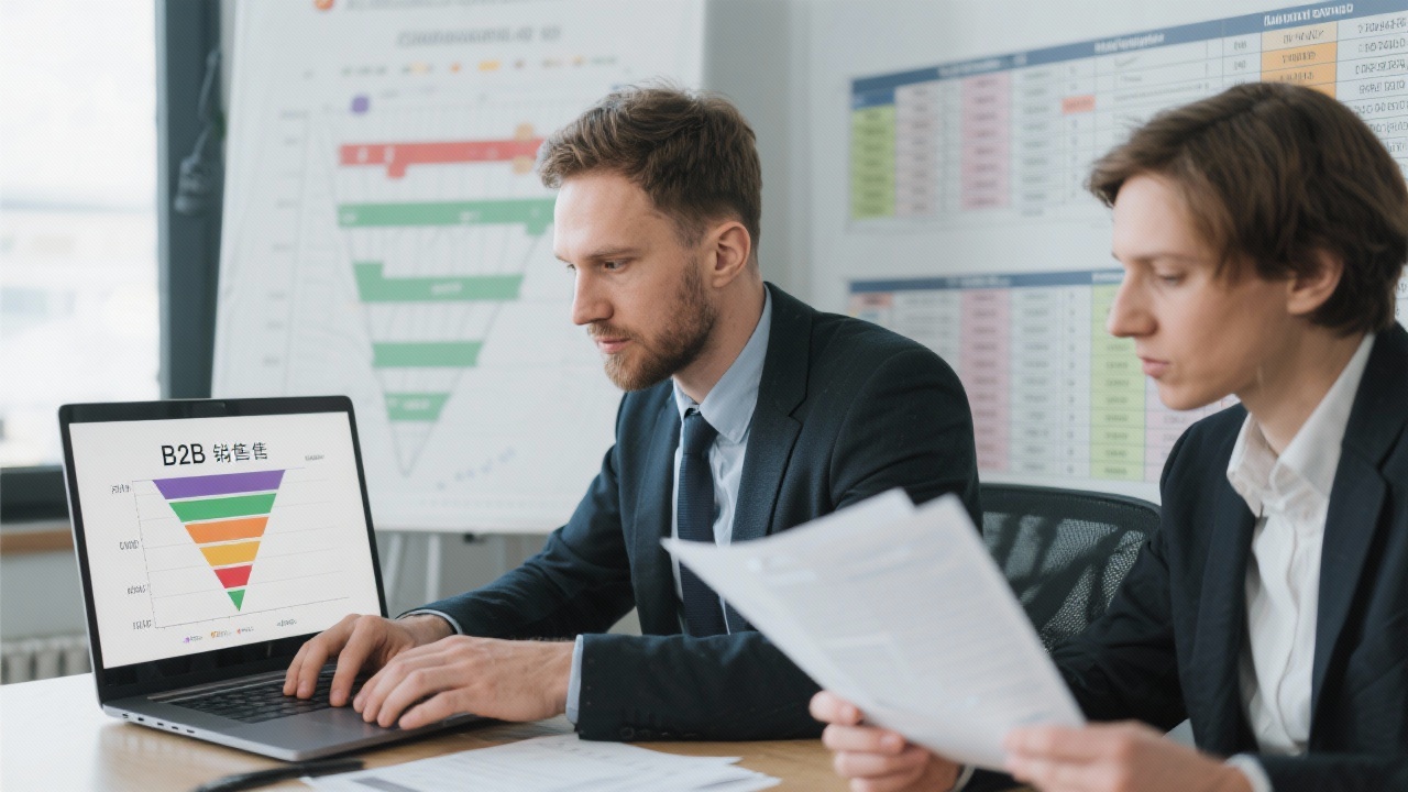 Senior analyst reviewing complex B2B sales funnel charts on a laptop while two Hungarian executives compare printed benchmark tables across different quarters for validation and planning