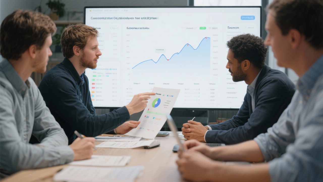 Product analytics specialist examining customer cohort retention curves and subscription forecasting charts alongside SaaS founders in a collaborative data review session