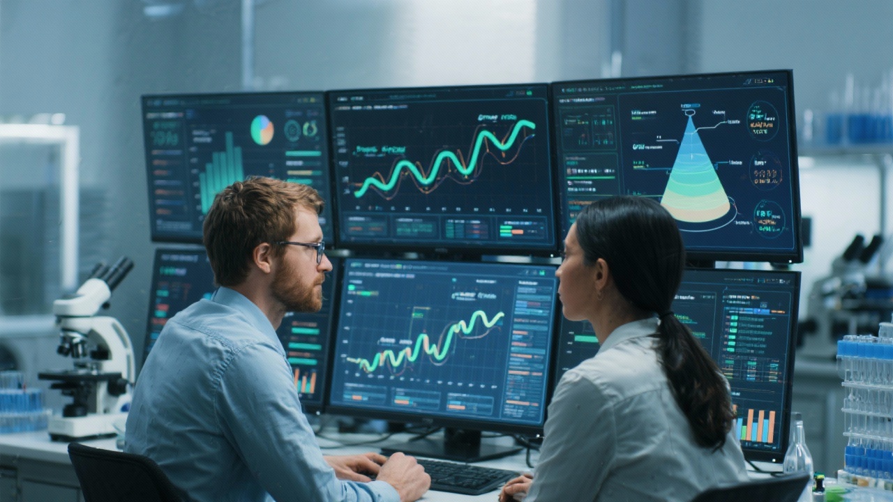 Two analysts collaborating over layered data visualizations and annotated growth funnels displayed across multiple monitors inside a protected analytics laboratory space