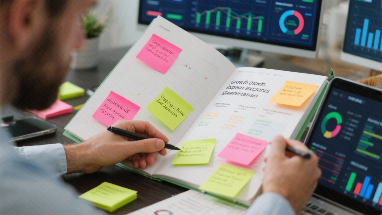 Hungarian consultants drafting a playbook with color coded sticky notes and digital dashboards that show growth experiments and measurable outcomes for scaling companies
