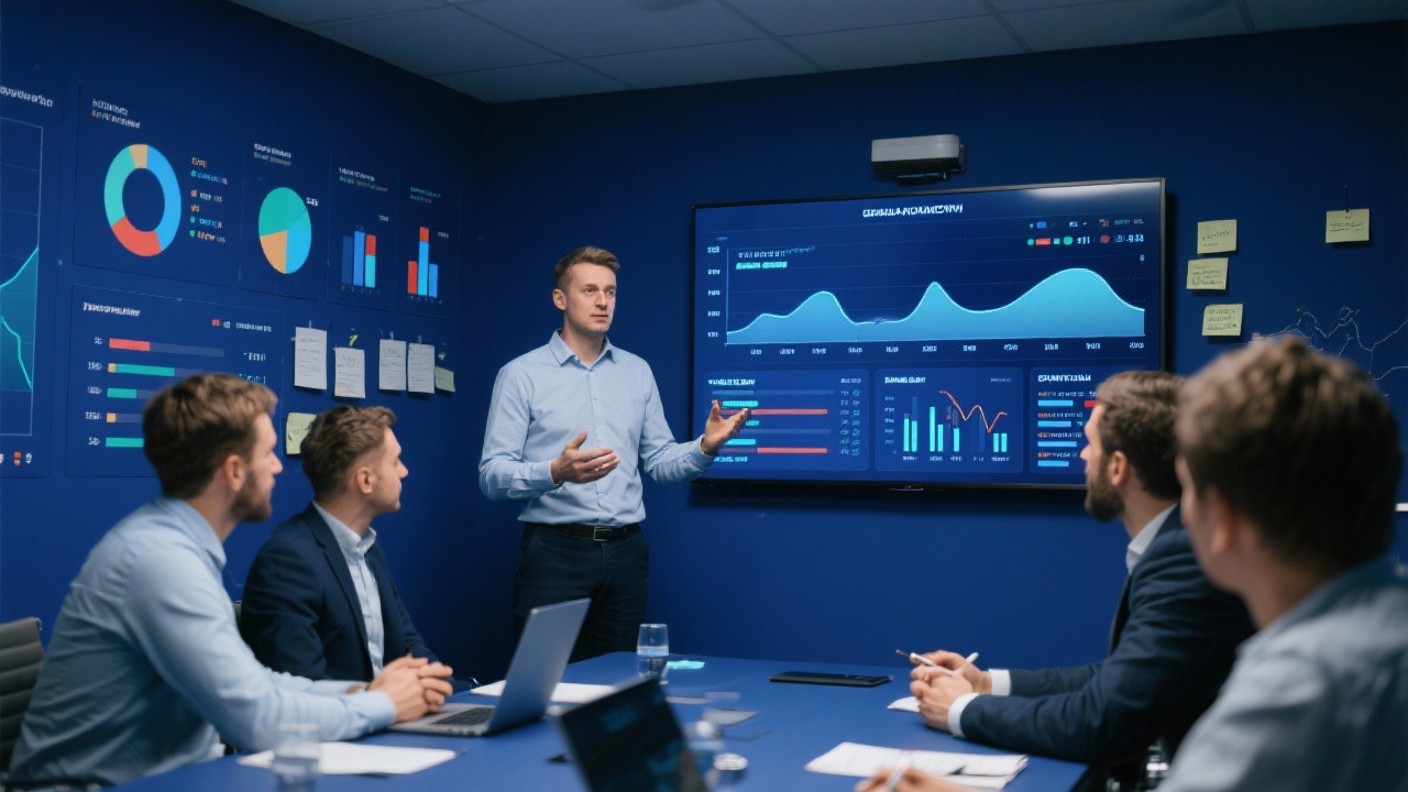 Business strategy leader presenting growth dashboards to Hungarian founders inside a midnight blue conference room with digital wall charts, performance indicators, and collaboration notes displayed clearly on screens