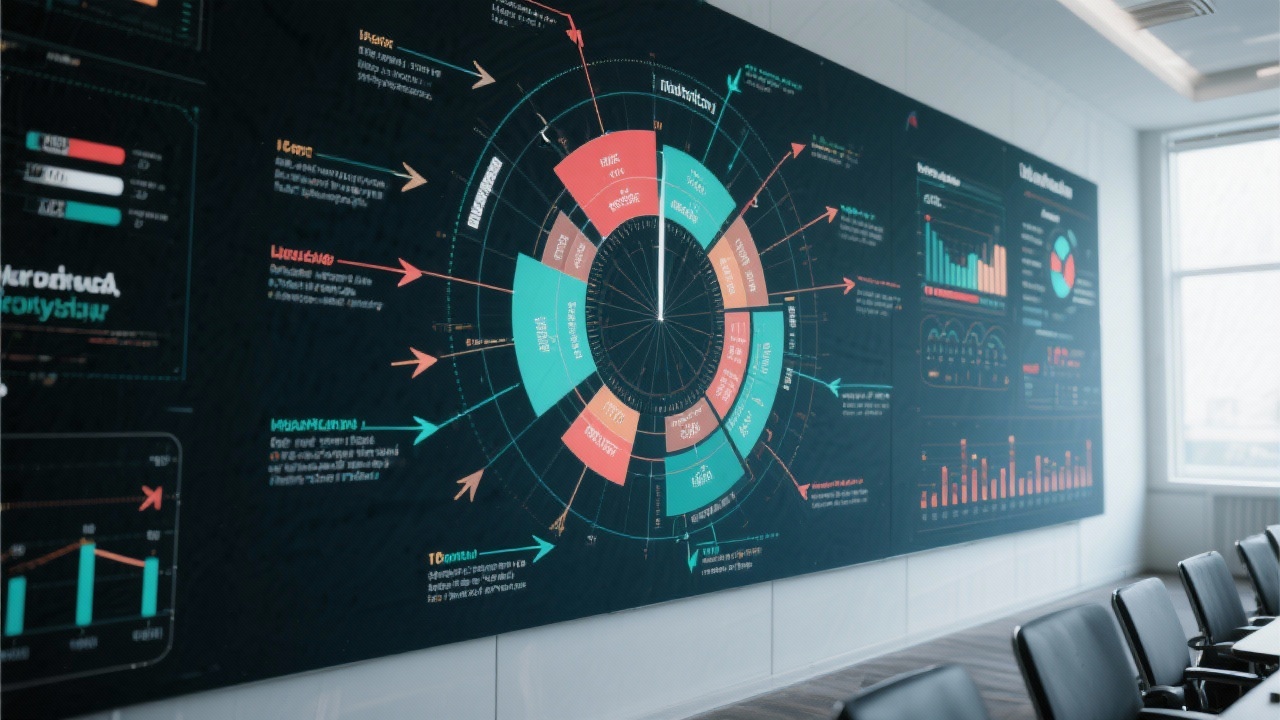 Large wall-sized market radar visual mapping Hungarian industry segments with scoring layers, trend arrows, and annotated investment flows prepared for executive briefing