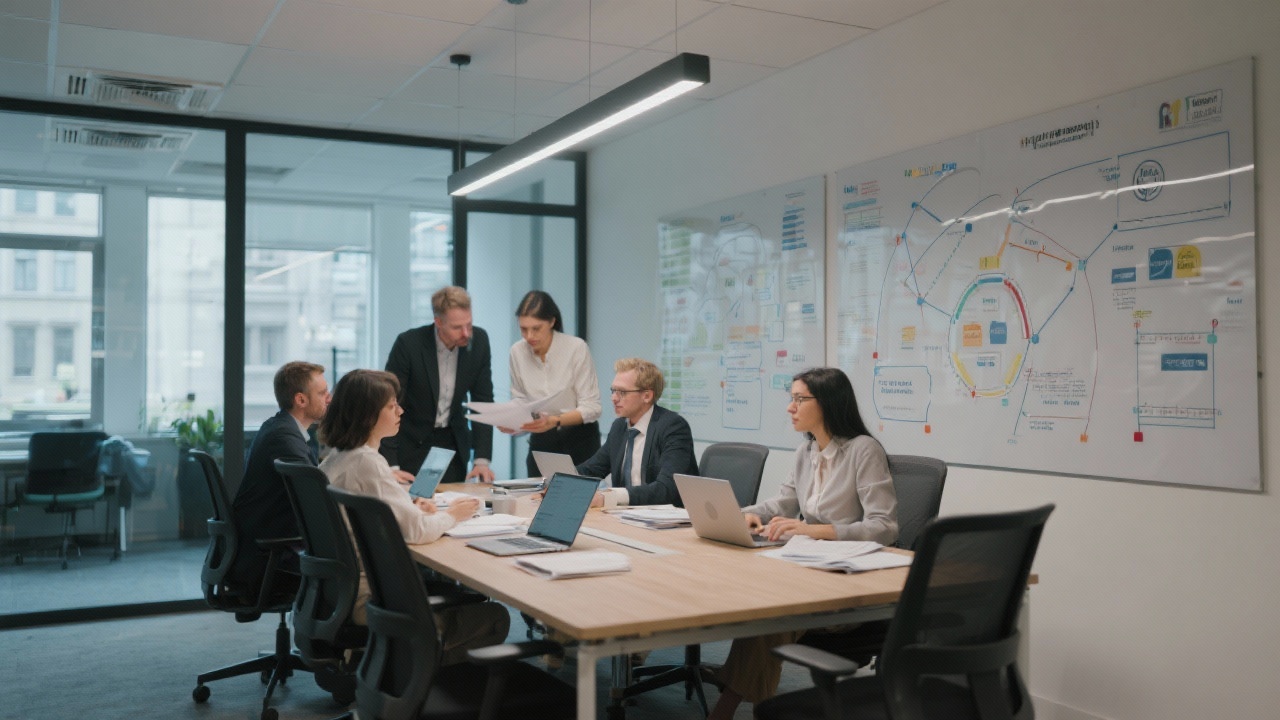 Modern Budapest office collaboration area with consultants reviewing research files, laptops open on the table, ambient lighting, and strategic planning boards along the walls