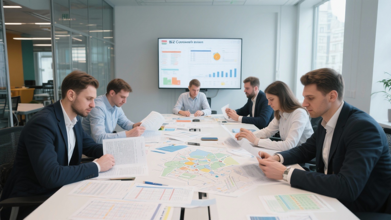 HungaryBiz Consult analysts organizing interview transcripts, spreadsheets, and insight maps across a large table in a modern Budapest workspace designed for data synthesis
