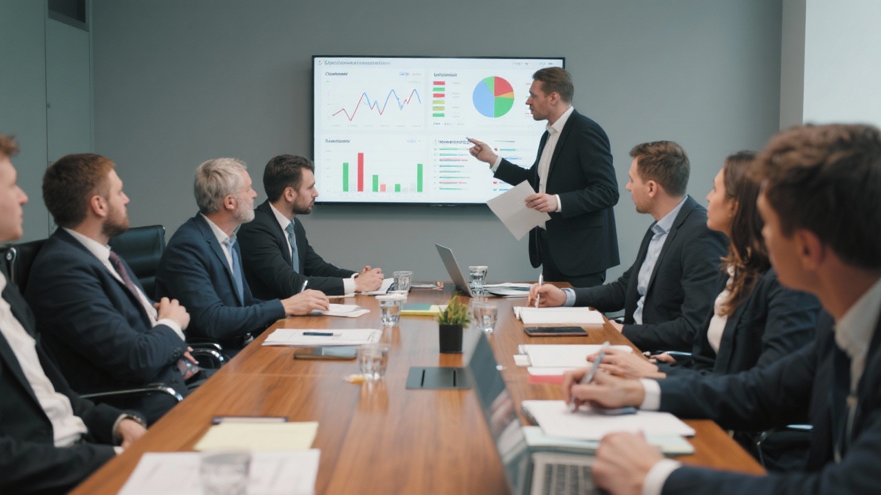 Data visualization specialist presenting segmented dashboard widgets to company directors with color coded metrics, forecast charts, and actionable next steps on projection screens